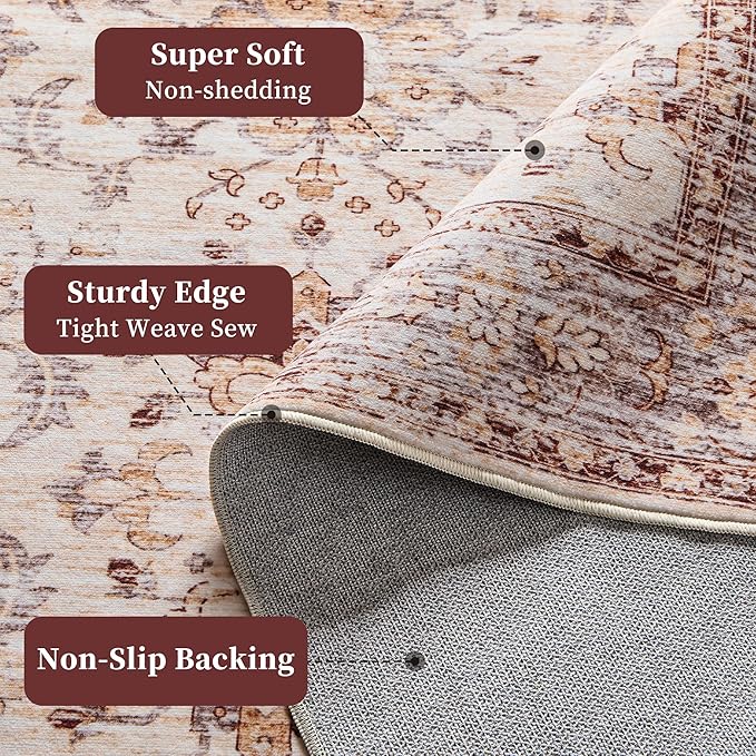 5x7 Rug, Washable Neutral Boho Modern Vintage Non Slip Floral Area Carpet, Low Pile Soft Rugs, Slip Resistance, Pet-Friendly, Durable Rug for Living Room, Bedroom, Kitchen, Dining Room