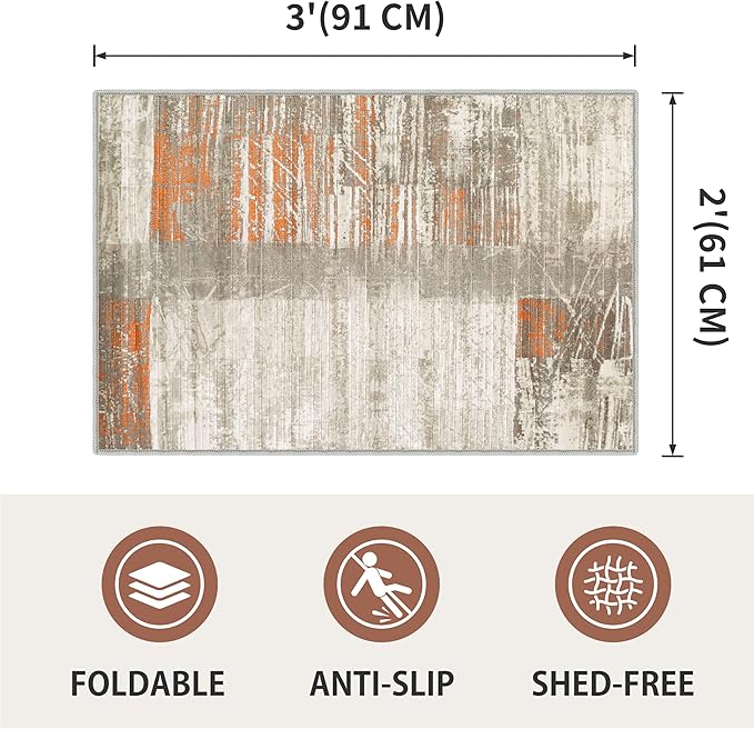 2x3 Washable Indoor Door Mat - Beige Multi Modern Abstract Rugs for Entryway, Soft Small Area Rug, Non-Slip Low-Pile Thin Door Mat for Inside Entry, Rugs for Indoor Front Entrance Kitchen
