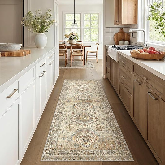 2x8 Runner Rug Non Slip, Machine Washable Rug Runners for Hallways, Vintage Distressed Print Kitchen Runner, Low Pile Lightweight Carpet Runner for Entryway, Laundry, Bedroom, Bathroom Light Brown