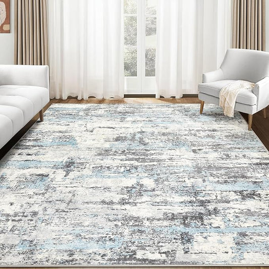 Area Rugs for Living Room: 6x9 Abstract Washable Rug Modern Neutral Large Soft Stain Resistant Non-Slip Backing Machine Table for Bedroom Dining Room Indoor Home Office Carpet - Blue Grey