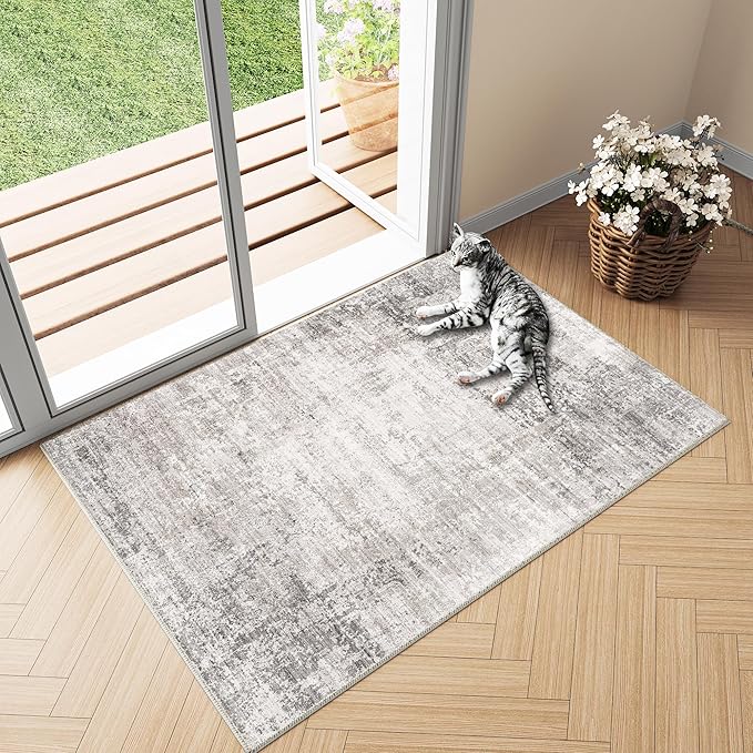 2x3 Entry Rug Machine Washable Small Area Rug Grey Rugs Entrance Door Mat Abstract Low Pile Carpet Kitchen Bedroom Office Non Slip