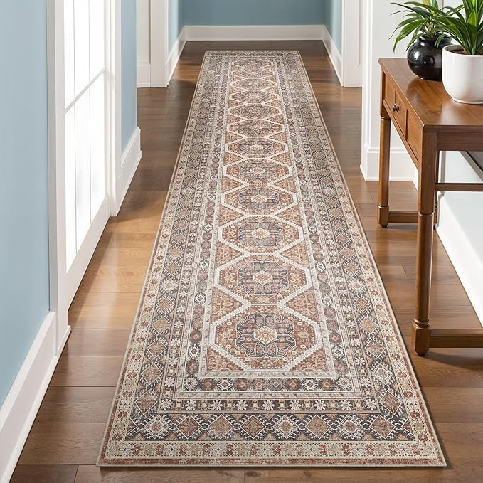 3x14 Runner Rug Kitchen Washable: Oriental Indoor Hallway Runners with Non Slip Backing Floor Mat for Entryway Door Low Pile Thin Carpet for Bedroom Bathroom Living Room Bedside Brick