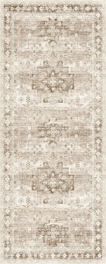 Boho Bathroom Rug 2x5 Runner, Neutral Farmhouse Kitchen Rugs, Small Throw Runners for Laundry Room Bedroom, Vintage Floral Décor, Non-Slip Low-Pile Washable Stain Resistant Beige Latte