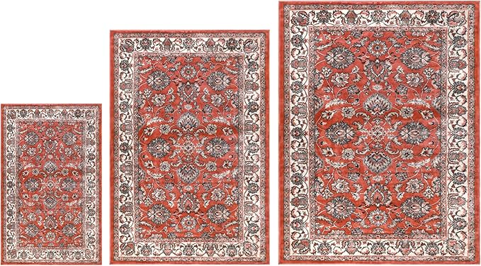 Superior Lille 3 Piece Indoor Area Rug Set, Jute Backing, Oriental Floral Decor for Hallway, Entry, Office, Kitchen, Bedroom, Living Room Floors, Plush Rugs, 4' x 6', 5' x 8', 8' x 10', Salmon
