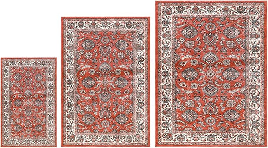 Superior Lille 3 Piece Indoor Area Rug Set, Jute Backing, Oriental Floral Decor for Hallway, Entry, Office, Kitchen, Bedroom, Living Room Floors, Plush Rugs, 4' x 6', 5' x 8', 8' x 10', Salmon