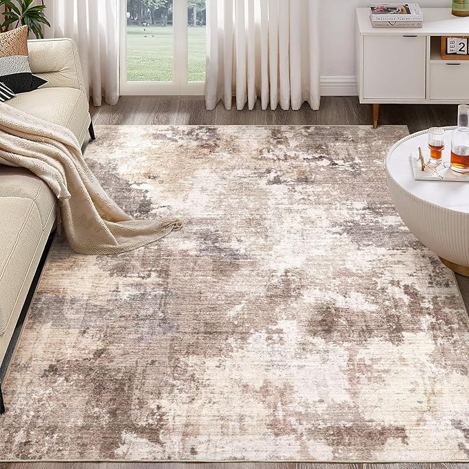Washable Rug 5x7 Area Rugs for Living Room: Modern Abstract Neutral Soft Rug for Bedroom Dining Room Under Kitchen Table Home Office Decor - Brown