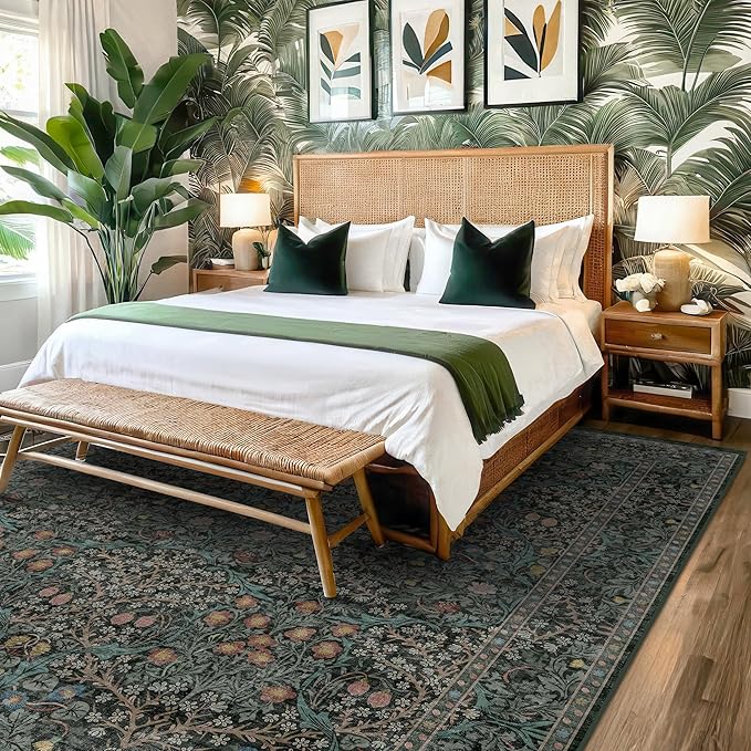 Washable Vintage 5x8 Living Room Rug, Dark Green Floral Area Rug for Bedroom Under Bed, Dining Room Under Small Dining Table, Office - Oriental Low Pile Non Slip & Stain Resistance (5x8 Dark Green)