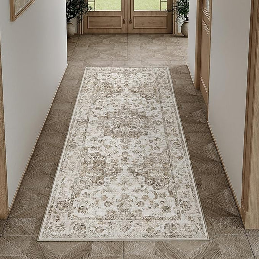 2x5 Washable Neutral Runner Rug Brown Hallway Kitchen Non-Slip Low Pile Floral Carpet Vintage Soft Thin Small Throw Rug for Bathroom Bedroom Entryway Indoor Entrance