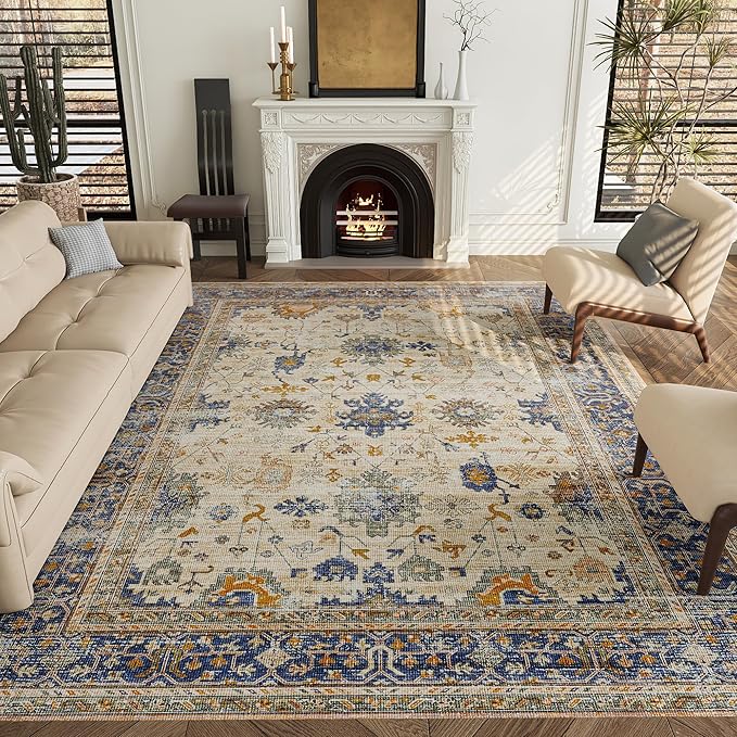 8x10 Rug, Washable Neutral Boho Modern Vintage Non Slip Floral Area Rugs, Low Pile Soft Rugs, Area Rugs, Slip Resistance Carpet, Pet-Friendly Carpet, Durable Rug for Living Room, Bedroom