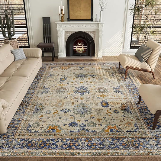 8x10 Rug, Washable Neutral Boho Modern Vintage Non Slip Floral Area Rugs, Low Pile Soft Rugs, Area Rugs, Slip Resistance Carpet, Pet-Friendly Carpet, Durable Rug for Living Room, Bedroom