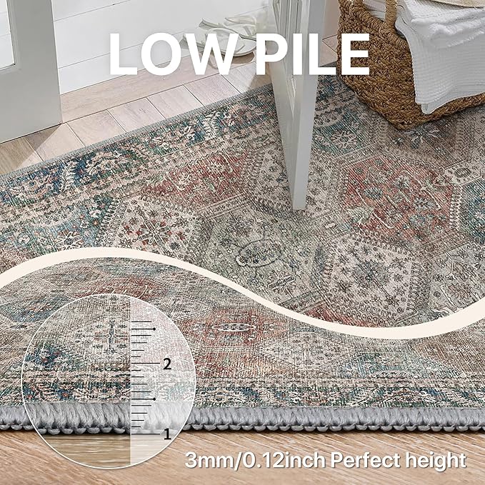 Bavni 6x9 Area Rugs for Living Room, Machine Washable Rug Non Slip, Vintage Chenille Distressed Print Carpet, Large Low Pile Ultra-Thin Lightweight Rugs for Bedroom, Dining Room, Home, Office, Red