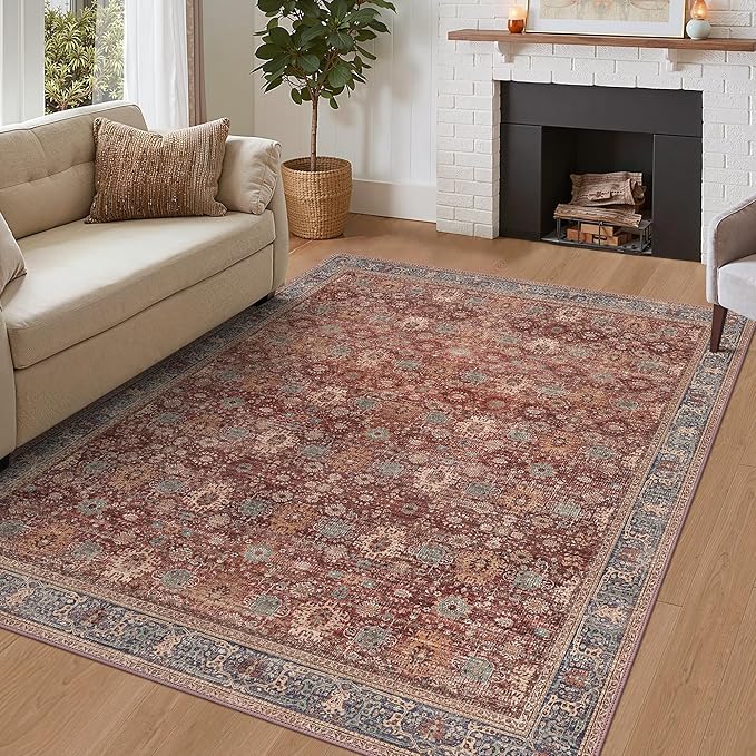 10X12 Area Rugs Machine Washable Rugs for Living Room, Vintage Boho Large Rugs for Bedroom Dining Room, Non Slip Indoor Soft Distressed Lightweight Thin Low Pile Carpet, Red Brown