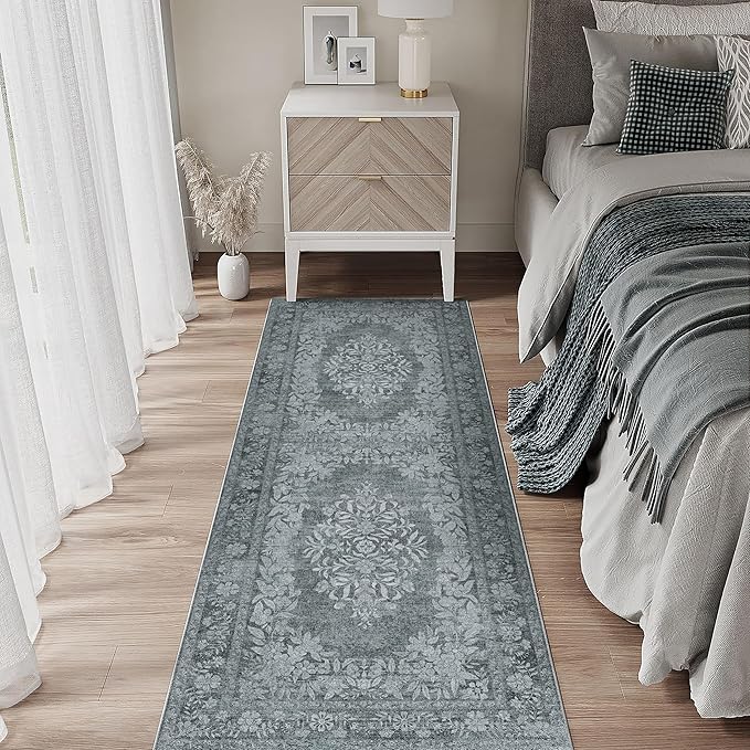 2x6 Runner Rug Gray Washable Hallway Kitchen Bedroom Vintage Distressed Bathroom Non Slip Medallion Floral Carpet Indoor Retro Throw Floor Mat for Office Dining Laundry Living Room