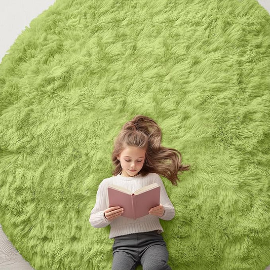 OLANLY Grass Green Round Rugs for Bedroom - Machine Washable, 8x8 Feet Circle Area Rugs for Living Room, Soft Fluffy Shaggy Carpet for Teen Girls and Boys, Dorms, Nursery Rooms, Home Decor Aesthetic