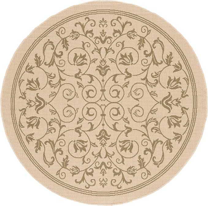 SAFAVIEH Courtyard Collection Area Rug - 5'3" Round, Natural & Olive, Scroll Design, Non-Shedding & Easy Care, Indoor/Outdoor & Washable-Ideal for Patio, Backyard, Mudroom (CY2098-1E01)