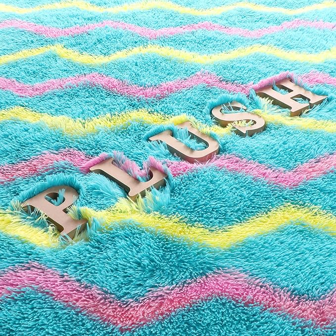 RUGTUDER Soft Fluffy Rug for Bedroom, 5x8 Washable Fuzzy Striped Rugs for Girls Teens Dorm, Non Slip Shaggy Unicorn Area Rug for Living Room Boys Kids Room Playroom Decor, Teal Pink Yellow