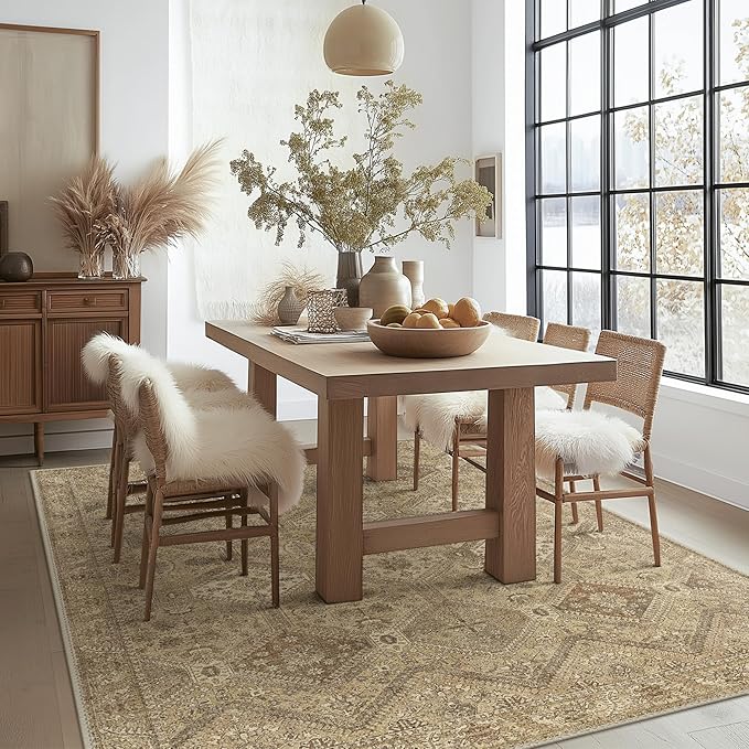 Bavni 10x14 Area Rugs for Living Room, Machine Washable Rug Non Slip, Vintage Chenille Distressed Print Carpet, Large Low Pile Ultra-Thin Lightweight Rugs for Bedroom, Dining Room, Office, Nut Brown