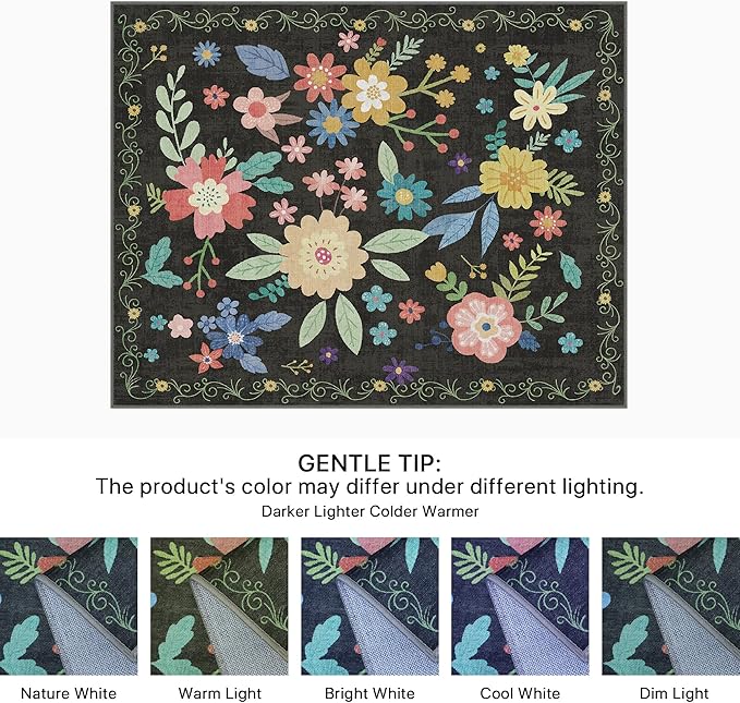 Bavni 4x6 Rugs for Living Room, Lightweight Machine Washable Non Slip Area Rug, Foldable Floral Rugs for Bedroom Dining Room Kids Room, Ultra-Thin Aesthetic Boho Black