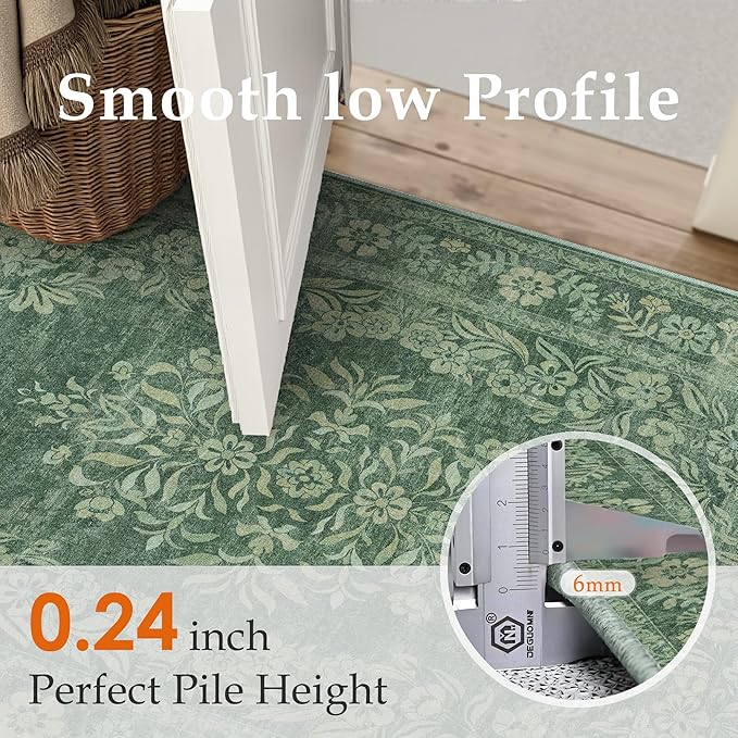 2x3 Area Rug Green Washable Entryway Door Mat Indoor Vintage Medallion Floral Carpet Kitchen Bathroom Distressed Entrance Retro Small Non Slip Accent Throw Bedroom Office Dining Living Room