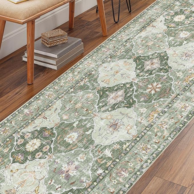 Boho Vintage Area Rugs 2×6 Washable Non-Slip Traditional Green Runner Rug for Hallway Kitchen Entryway