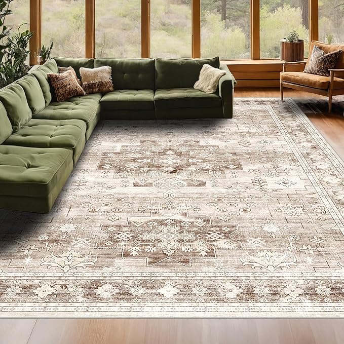 Washable Neutral Farmhouse Living Room Rug, 6x9 Area Rugs for Bedroom, Dining Room Under Table Carpet, Kids Room, Large Boho Vintage Non-Slip Floral Rugs Low Pile Stain Resistant (6x9 Beige/Latte)