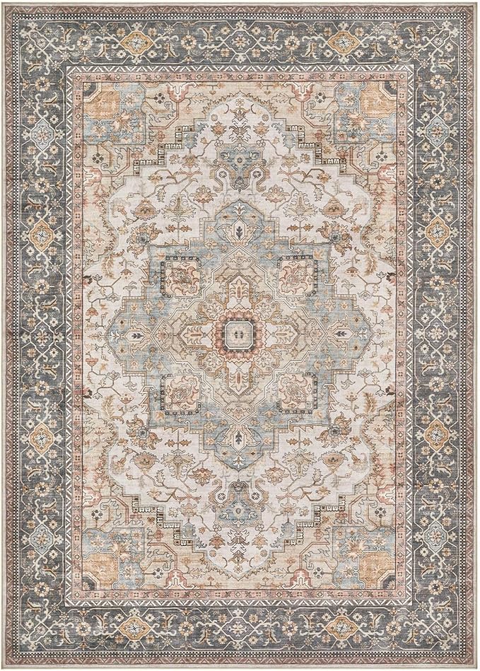 Washable Area Rugs for Living Room - 10x14 Neutral Vintage Distressed Floral Farmhouse Boho Large Soft Floor Rug Indoor Non Slip Carpet for Bedroom Dining Room Office - Green