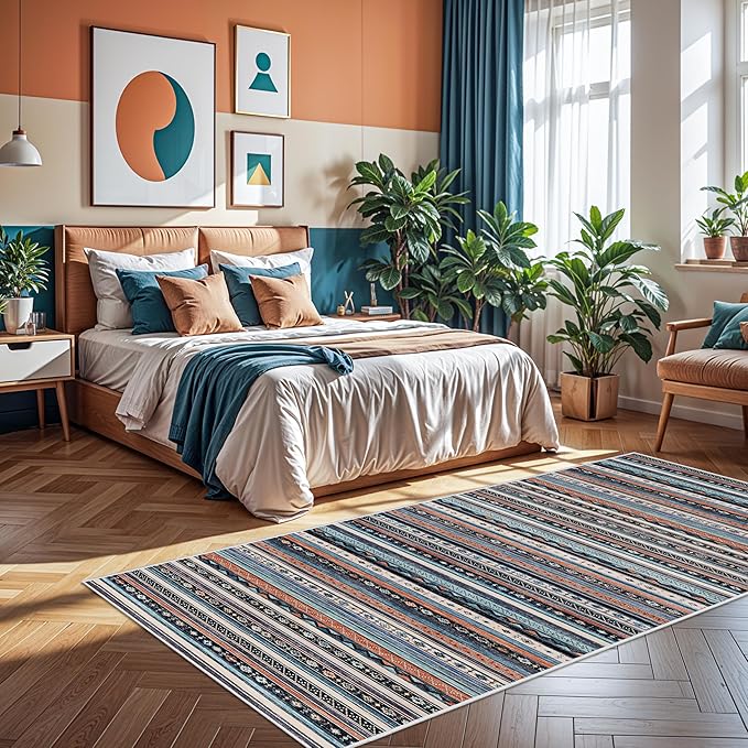 4x10 Rug Washable Living Room: Non-Slip Southwestern Striped Runner for Bedroom Hallway Entry - Farmhouse Low Pile Stain Resistant Long Thin Floor Carpet 4x10 Blue/Black/Multi