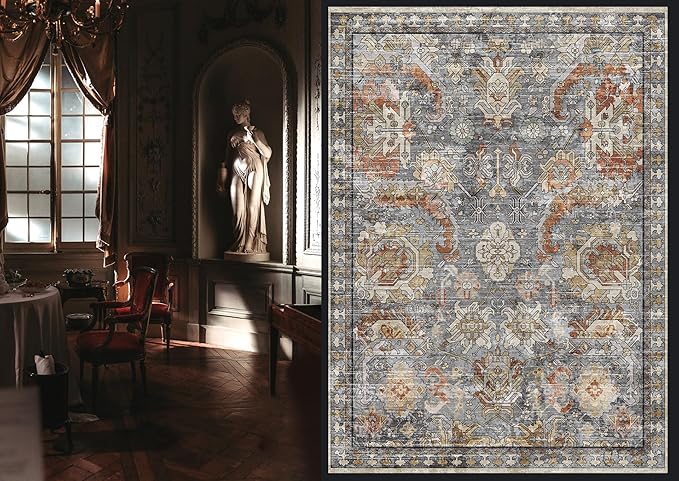 Washable Area Rugs - Perfect for Living Room, Bedroom, Kids Room, Nursery - Stain & Water Resistant Non-Slip, Pet & Child Friendly, Vintage Tribal Area Rugs (Turmeric and Grey, 9' x 12')