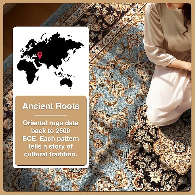 Well Woven Barclay Collection Medallion Kashan Light Blue 8 ft Round Rug - for Living Room, Bedroom, and Dining Room