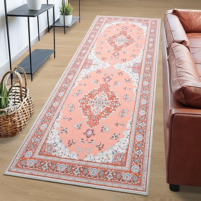 Tepook 2x6 Vintage Runner Rug - Low Pile Washable Non-Slip Carpet for Hallway, Kitchen, Bedroom, Entryway, Laundry Room, Bathroom - Indoor Throw Rug in Red