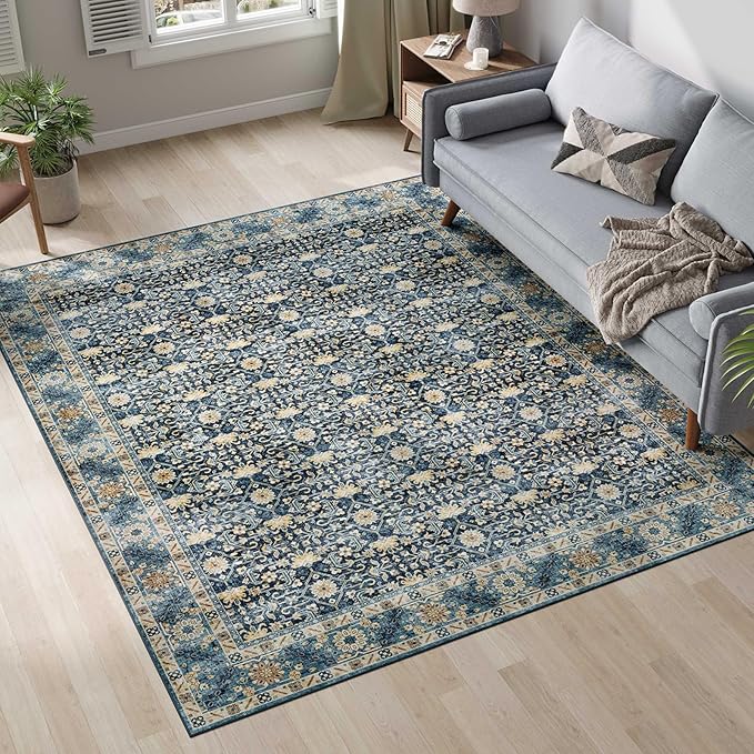 Dripex 6x9 Area Rugs, Machine Washable Non Slip Distressed Boho Rugs, Area Rug for Living Room, No Pile Lightweight Vintage Rug, Soft Accent Carpet for Dining Room,Bedroom,Navy Blue