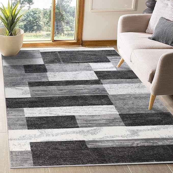 Superior Indoor Area Rug, Jute Backed, Modern Geometric Patchwork Floor Decor for Bedroom, Office, Living Room, Entryway, Hardwood Floors, Rockwood Collection, 7' x 9', Charcoal