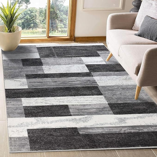 Superior Indoor Area Rug, Jute Backed, Modern Geometric Patchwork Floor Decor for Bedroom, Office, Living Room, Entryway, Hardwood Floors, Rockwood Collection, 7' x 9', Charcoal