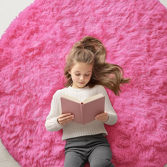 OLANLY Hot Pink Round Rugs for Bedroom - Machine Washable, 5x5 Feet Circle Area Rugs for Living Room, Soft and Fluffy Shaggy Carpet for Teen Girls and Boys, Dorms, Nursery Rooms, Home Decor Aesthetic
