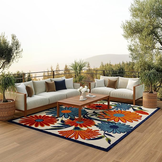 Nourison Aloha Indoor/Outdoor Multicolor 7' x 10' Area Rug, Easy Cleaning, Non Shedding, Bed Room, Living Room, Dining Room, Kitchen (7x10)