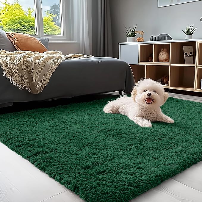 OLANLY 3x5 Machine Washable Small Bedside Rug, Soft Fluffy Shaggy Rugs for Living Room, Bedroom, Indoor Floor Carpet for Kids Girls and Boys, Preppy Dorms, Nursery, Home Decor Aesthetic, Dark Green