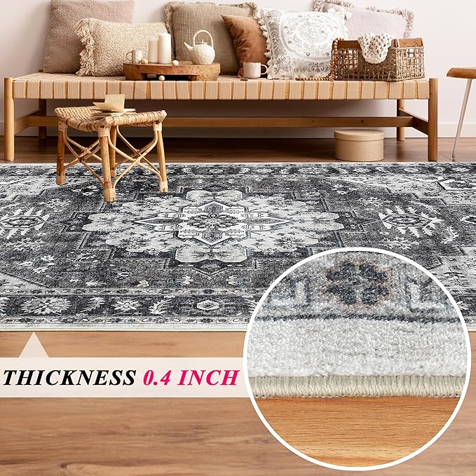 3x5 Area Rugs Washable Boho Rug, Non Slip Carpet for Living Room, Boho Vintage Design Rug, Foldable Soft Low-Pile Rug, Brown/Gray-Brown