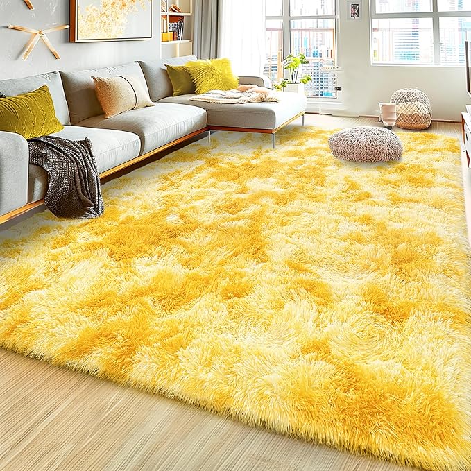 Ultra Fluffy Rug for Living Room Bedroom, 5x7 Fuzzy Large Area Rug for Living Room, Plush Soft Shag Carpet for Girl Boy Kids, Non Slip Rug Modern Indoor Home Decor Aesthetic, Tie-Dyed Yellow
