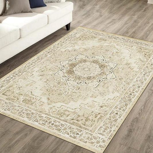 Washable Area Rug 4x6 Boho Rug for Living Room Bedroom Non Slip Soft Vintage Rug Oriental Distressed Floor Carpet Indoor Rugs for Kitchen Dining Room Entryway Office Dorm Nursery, Beige