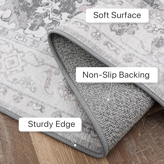 3X5 Area Rugs Machine Washable Rugs for Living Room, Vintage Boho Large Rugs for Bedroom Dining Room, Non Slip Indoor Soft Distressed Lightweight Thin Low Pile Carpet, Grey