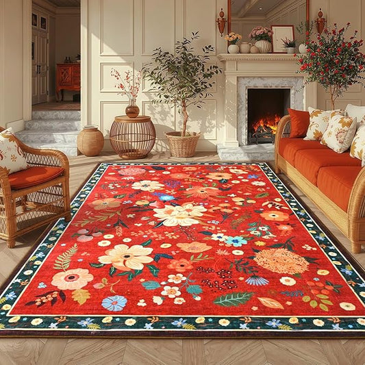 4x6 Floral Rug for Girls Bedroom, Machine Washable Area Rugs with Non Slip Backingfor Living Room, Cute Flowers Carpet Kitchen Dining Room Kids Playroom Decor, Red