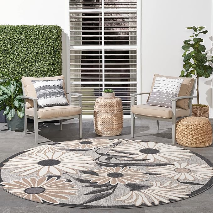 Nourison Aloha Indoor/Outdoor Beige 7’10” x Round Area Rug, Easy Cleaning, Non Shedding, Bed Room, Living Room, Dining Room, Backyard, Deck, Patio (8 Round)