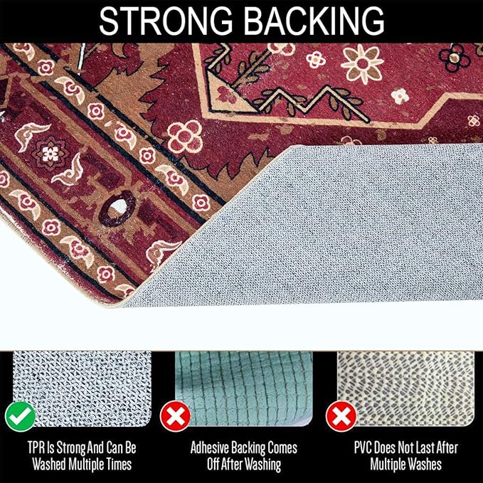 Vintage Tribal Faux Wool Red Boho Throw Rugs - 2x3, Non-Slip, Washable for Bathroom, Kitchen, Indoor, Entryway, Modern, Distressed, Tribal, Indian Accent Floor Mat