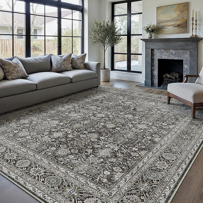 Vintage Area Rug 5x7 Black Washable Living Room Large Carpet Non Slip Bedroom Indoor Office Low Pile Traditional Distressed Retro Accent Rug for Dining Room Bathroom Kitchen