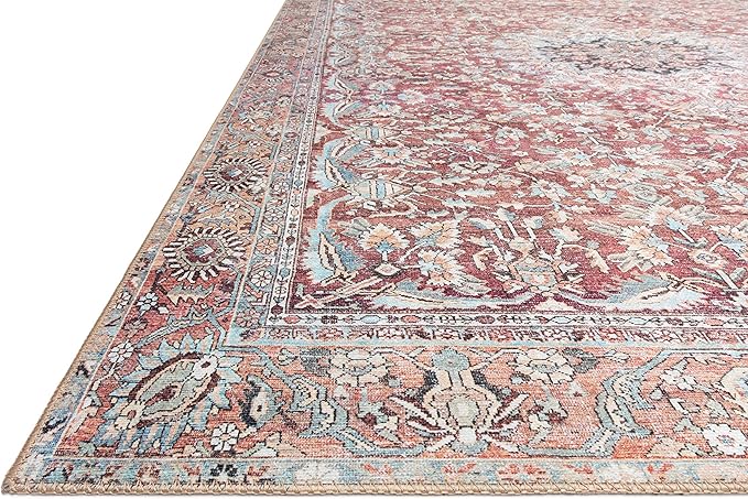 Loloi II Wynter Collection WYN-05 Tomato/Teal 7'-6" x 9'-6", .13" Thick, Area Rug, Soft, Durable, Printed, Vintage Inspired, Low Pile, Non-Shedding, Easy Clean, Living Room Rug