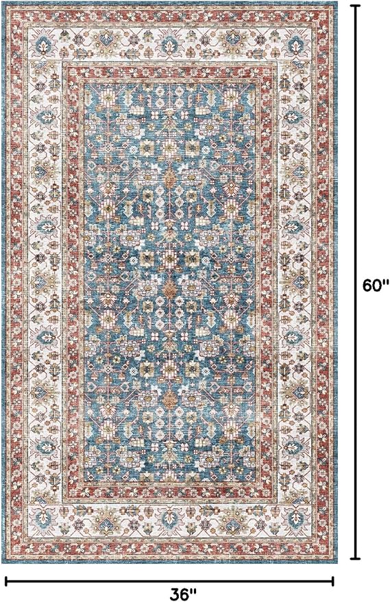 Dripex 3x5 Area Rugs, Machine Washable Non Slip Boho Rugs,Distressed Entryway Rug Doormat,No Pile Lightweight Vintage Rug, Smal Carpet Rug for Front Entrance,Office Bedroom,Blue and Red