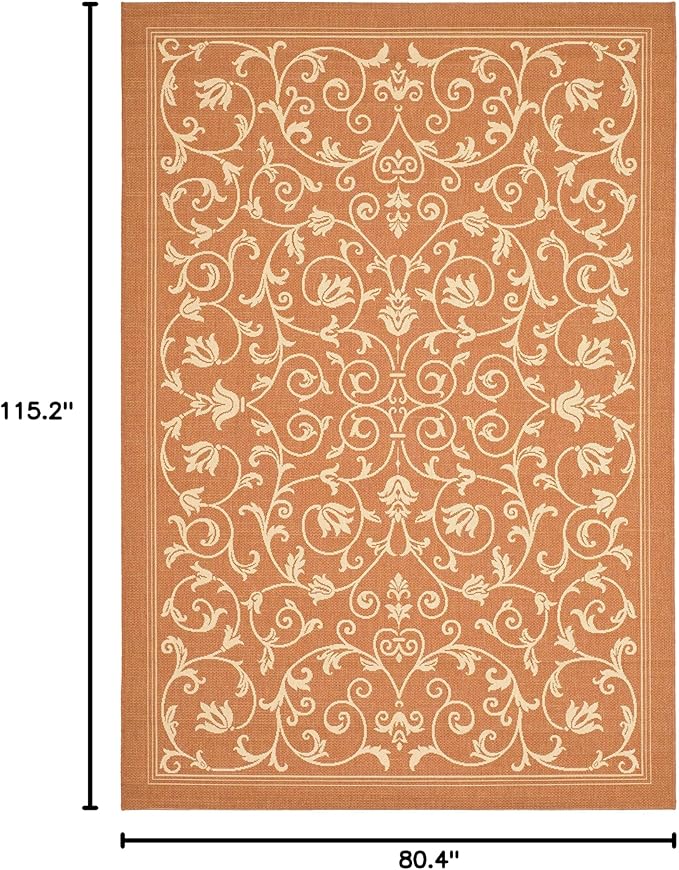 SAFAVIEH Courtyard Collection 6'7" x 9'6" Terracotta / Natural CY2098 Scroll Indoor/ Outdoor Water-proof Easy Scrubbing Patio Backyard Mudroom Area Rug