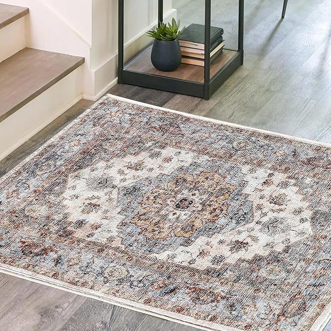 2x3 Machine Washable Area Rugs Boho Vintage Design Rug for Living Room, Bedroom, Kitchen, Soft Non-Slip Indoor Rug, Tawny/Aqua-Print Design