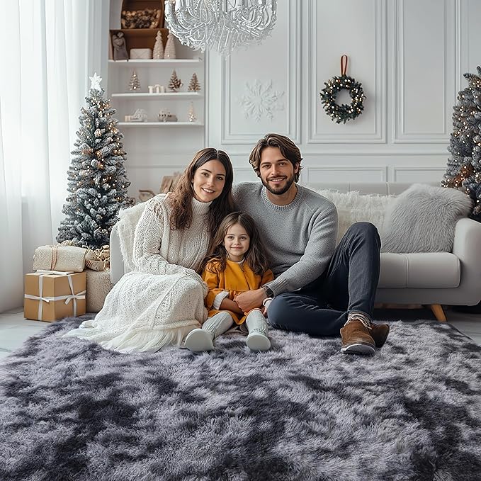 4x6 Dark Grey Fluffy Shag Rug for Bedroom, Soft Plush Fuzzy Washable Non Slip Floor Cozy Carpet for Living Room, Modern Comfy Furry Shaggy Area Rug for Kids Baby Nursery Dorm, Tie-Dye Gray