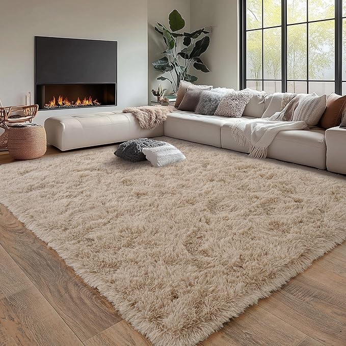 Beige Fluffy Rug for Bedroom 8x10 ft Large - Ultra Soft & Non Slip Shaggy Area Rug, Comfy Durable Carpet for Living Room Kids Room Teens Dorm Home Decor, 1.7'' Thick Indoor Plush Carpets